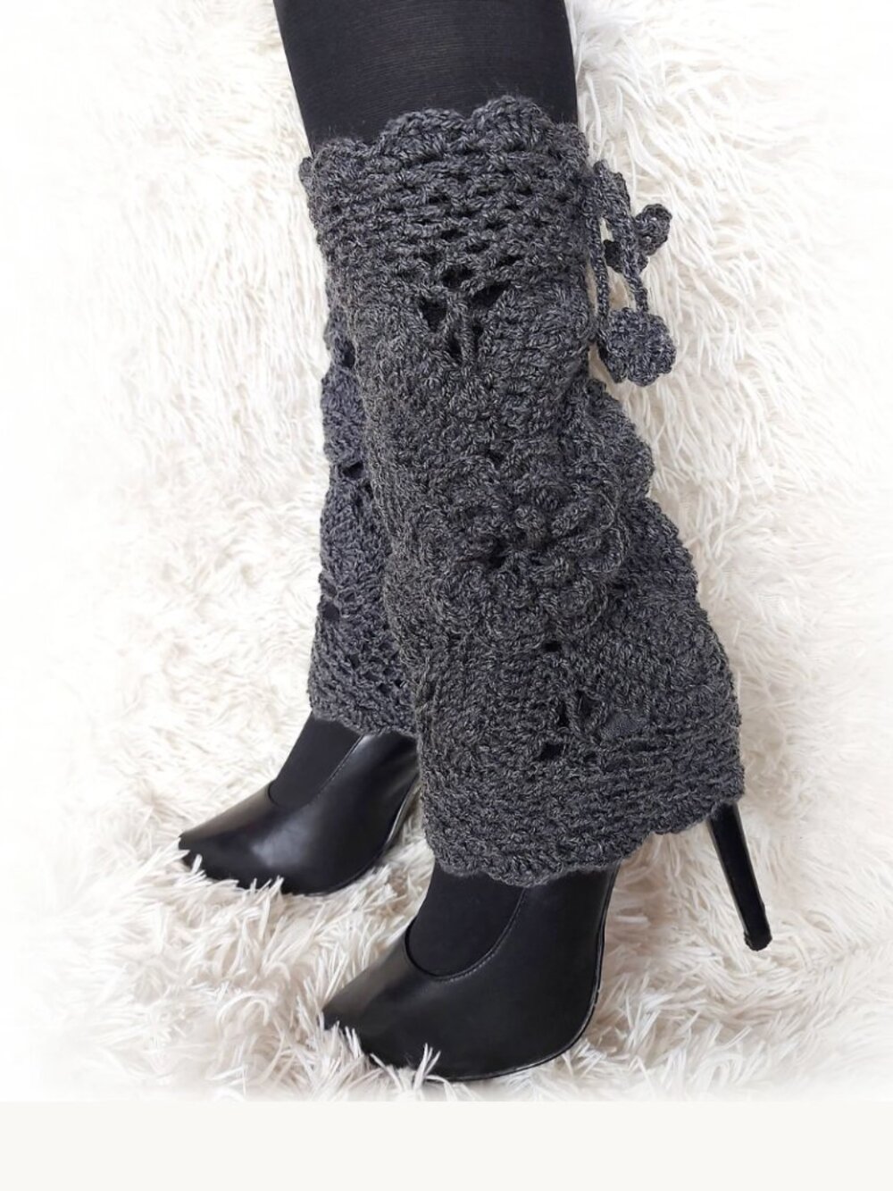 Gray Crochet Leg Warmers Boho Lace Boot Cuffs with Flowers
